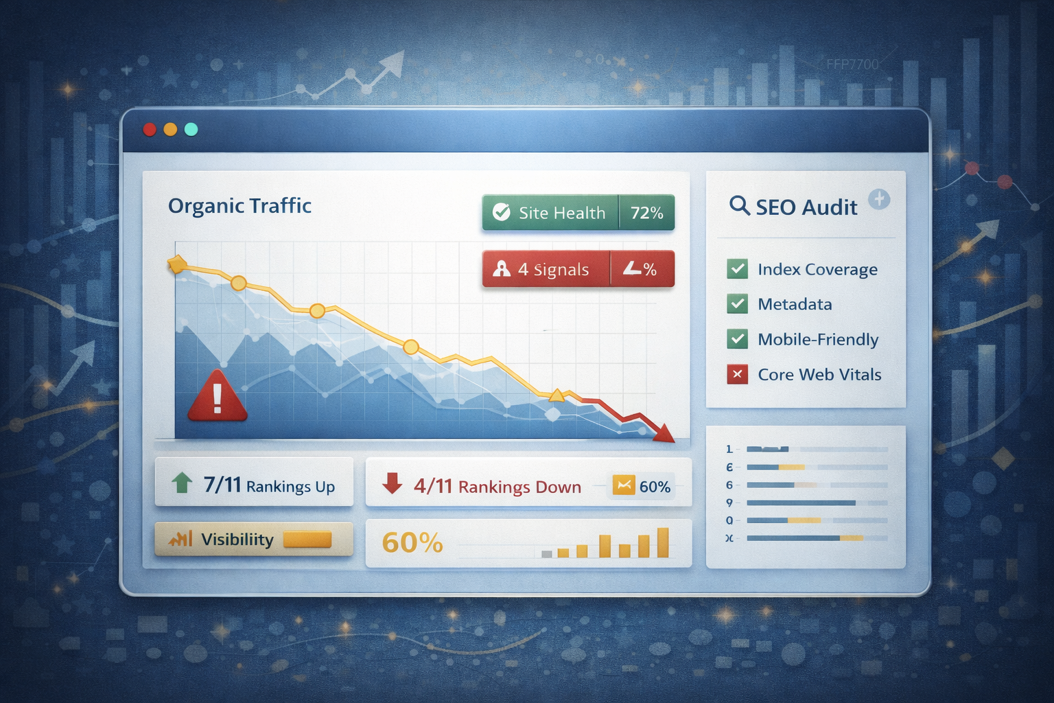 SEO diagnostics dashboard showing traffic drops, site health, and ranking signals