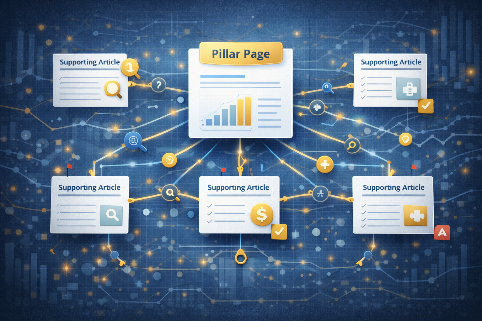 Structured topic cluster map with pillar page and interconnected supporting articles